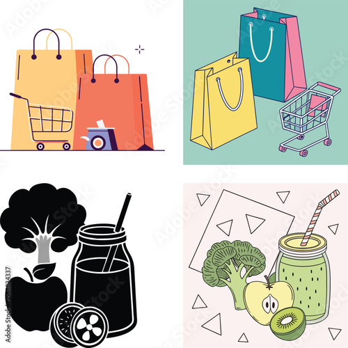 Colorful shopping bags and healthy smoothies with fruits and vegetables