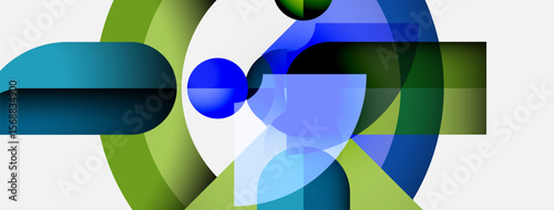 Abstract composition features overlapping shapes, blues, greens, white space. Modern design evokes fluidity, dynamism, visual interest.