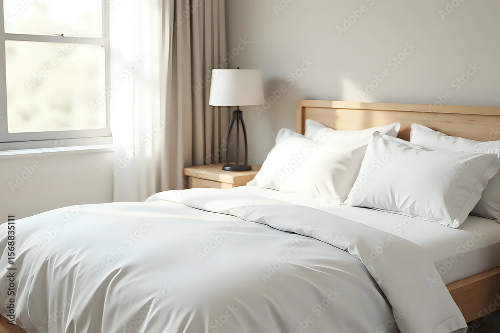 Obraz premium Bed in hotel room or home with white sheets lit by natural light from with window in the background and plenty of blank copy space. 3d rendering.
