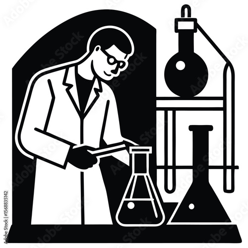 Scientist in lab coat conducting experiment with flasks and test tubes