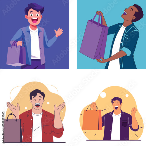 Joyful diverse men celebrating purchases with shopping bags
