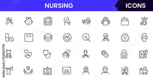 Vector illustration web line icon collection for nursing home care, elderly, medical, and support symbols in a compassionate, modern style.