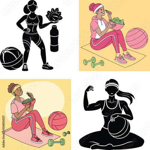 Fit women enjoying healthy food and exercise with fitness equipment