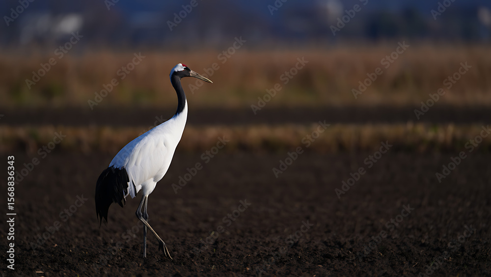 Fototapeta premium Majestic red crowned crane gracefully walks through a muddy field with a stalk of grain in its beak during a crisp autumn day
