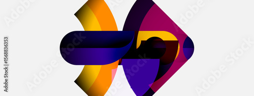 Abstract design features vibrant purple, orange hues. Shapes intertwine, creating dynamic visual impact. Modern, colorful composition.