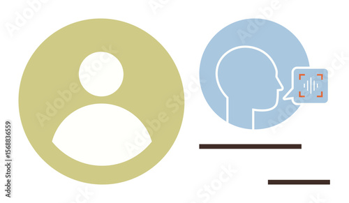 User profile silhouette alongside a human face outline with speech recognition visual. Ideal for user identity, account settings, audio interaction, AI, communication, voice technology, UX design