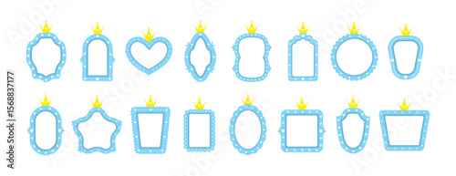 Prince mirrors and frames. Different shapes for invitation, postcards and flyers. Cute vintage element for birthday party decoration. Vector illustration in flat cartoon style.
