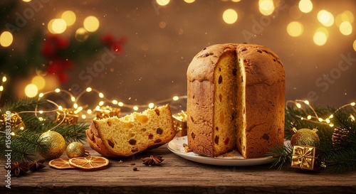 Traditional Christmas panettone on rustic wooden table, surrounded by festive decorations, golden lights, and pine branches, warm cozy atmosphere