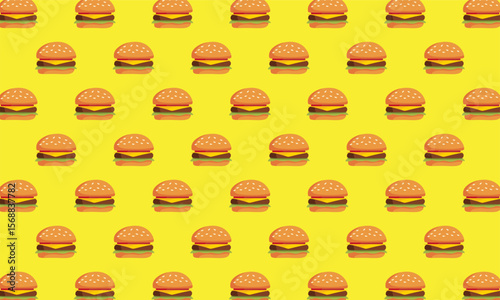 Burger seamless pattern. Cartoon cheeseburger.  Ideal for restaurant decor,  menus, digital design, food packaging, textile 