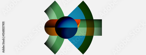 Abstract graphic design features colorful curved shapes surrounding central blue sphere. Composition evokes dynamic energy, modern aesthetic.