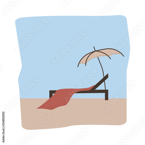 A lonely beach lounger under an umbrella stands on the sand of the beach under a blue sunny sky. Square scene. Landscape, resort view. Tourism and recreation. Vector illustration.