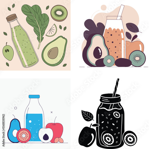 Healthy fruit smoothies and juices with fresh ingredients