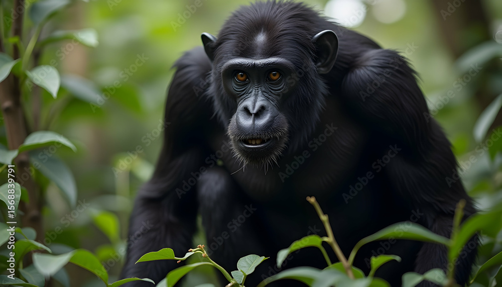 Chimpanzee in Lush Green Forest Looking Directly at the Viewer Chimpanzee in Lush Green Forest Looking Directly at the Viewer