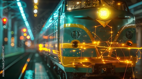 A close-up of an electric train's front with dynamic lighting effects
