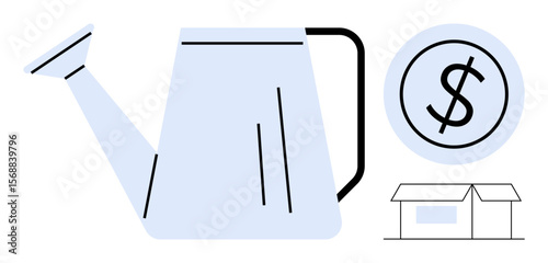 Watering can pouring metaphorical growth paired with dollar coin and house signifying investment, savings, business development, real estate, financial planning, entrepreneurship, and innovation