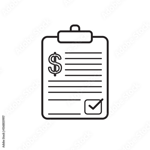 Outline icon of a financial checklist on a clipboard with a dollar symbol and checkmark, ideal for budget planning, accounting, taxes, or expense tracking visuals.