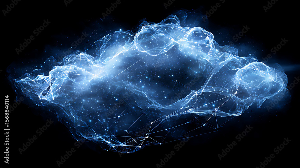 Obraz premium Abstract blue cloud with glowing links, floating in darkness, symbolizing futuristic connectivity and innovation.