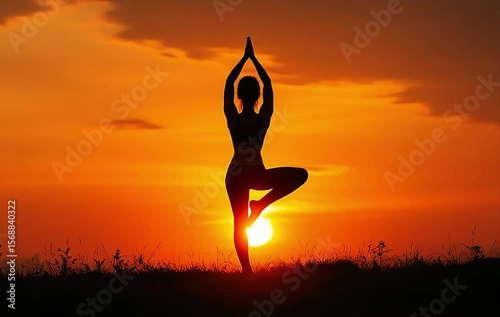 Silhouette of a yoga pose against a sunset sky, The beautiful sun is setting in the background.