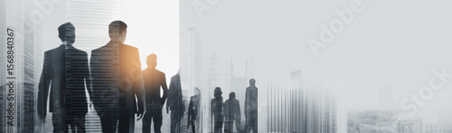 A wide - banner - style image features a city architecture background, with the silhouettes of a group of business people, as if moving forward in an urban workplace scene.