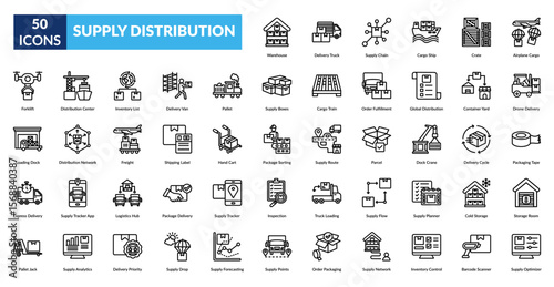 supply distribution line icon set. Warehouse, Delivery Truck, supply Chain, Cargo Ship, Crate, Airplane Cargo, Forklift