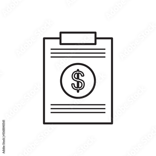 Minimalist clipboard icon with dollar symbol, representing invoice, financial report, business document, or money-related paperwork. Ideal for accounting, tax, or finance visuals.