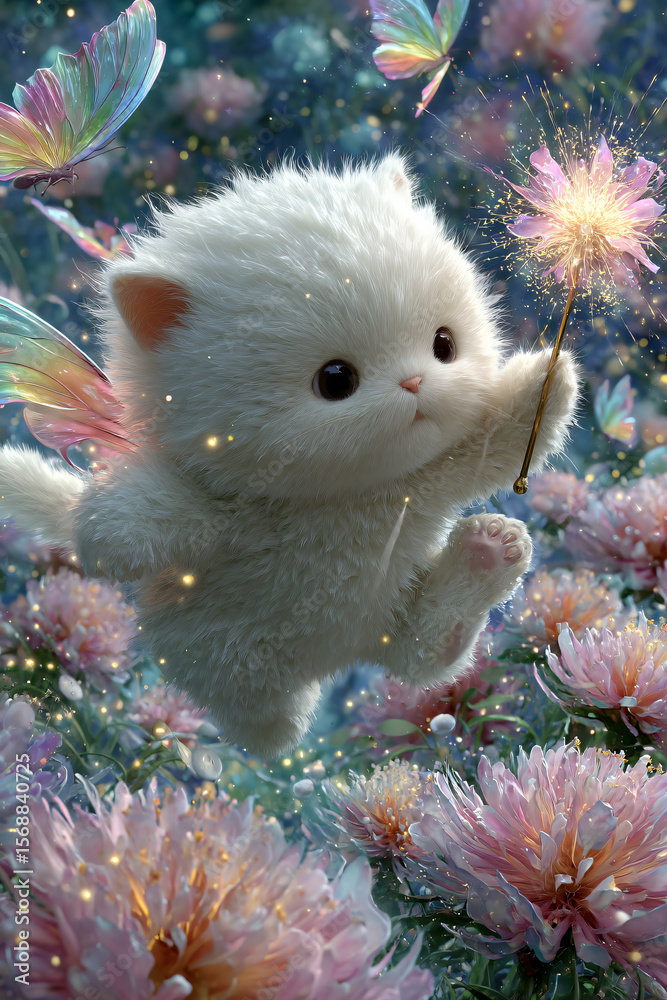 Fototapeta premium Kitten Fantasy Whimsical Scene Flora Butterflies Magical Nature Soft Light Ethereal Pastel Colors Adorable Creature Dreamy Garden Vibes Enchanting Curiosity Vibrant Animal Environments Cuteness