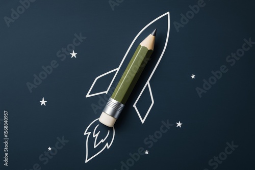 Creative concept of a pencil as a rocket launching into space drawn on dark background symbolizing innovation and business startup ideas.