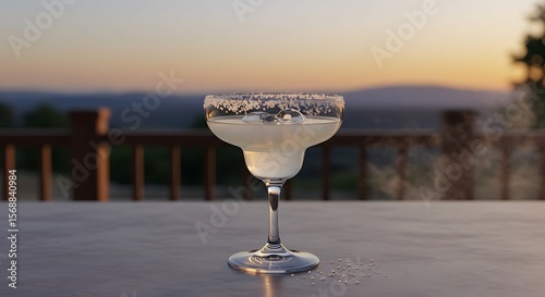 Refreshing Margarita Glass with Sugar Rim on Table at Sunset