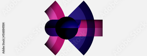 Abstract graphic design features overlapping purple, pink shapes. Central dark circle creates focal point, balanced composition. Minimalist style.