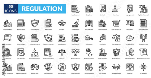 regulation line icon set. Legal Document, Compliance, Law Book, Court Gavel, Legal Agreement, Regulatory Framework, Government Policy