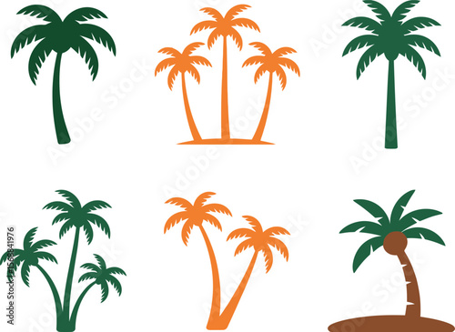 Green and Orange Palm Tree Icons - Tropical Island Beach Vacation


