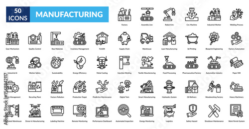 manufacturing line icon set. Factory, Assembly Line, Robot Arm, CNC Machine, Industrial Worker, Welding Process, Gear Mechanism