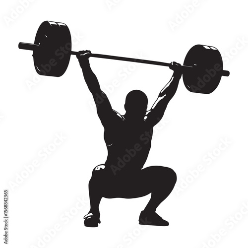 Muscular athlete lifting heavy barbell overhead in squat position weightlifting strength training