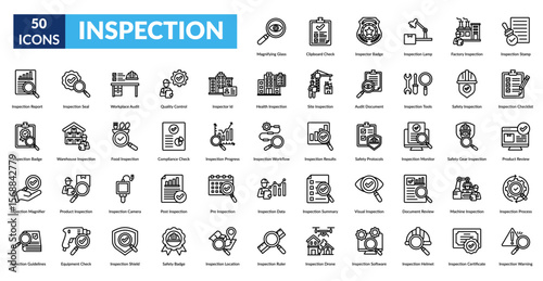 INSPECTION line icon set. Magnifying Glass, Clipboard Check, Inspector Badge,  Lamp, Factory ,  Stamp,  Checklist