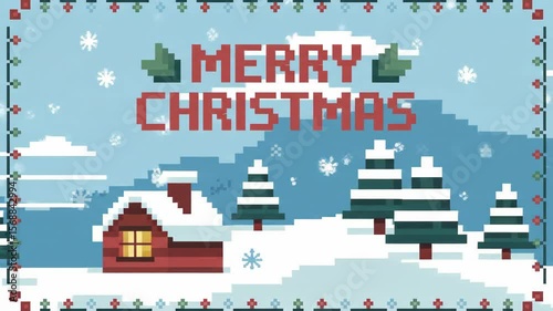 Wallpaper Mural Festive Merry Christmas Pixel Art with Cabin and Snowy Landscape Torontodigital.ca