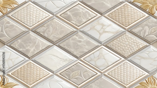 Elegant diamond patterned tiles with marble and floral embossing in gold and cream