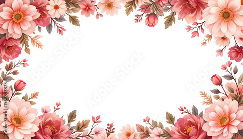 pink gerbera daisy, delicate floral frame, lush botanical border, vibrant red and orange flowers, colorful nature background, watercolor painting aesthetic, elegant floral design, 4K and HD image