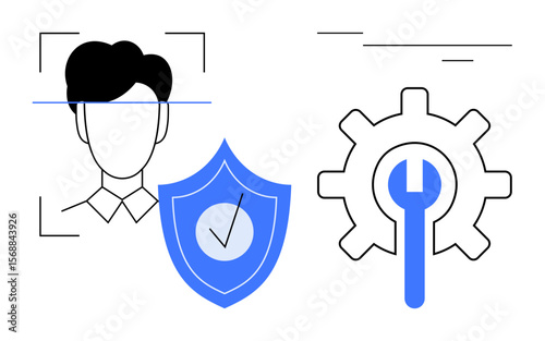 Head silhouette scanned for facial recognition. Blue shield with checkmark represents security. Gear with wrench symbolizes settings or system maintenance. Ideal for technology, privacy, security