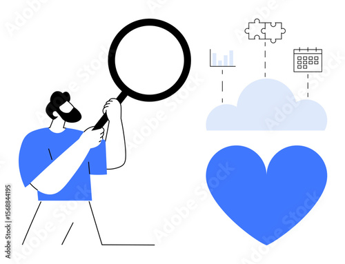 Person holding magnifying glass analyzing cloud storage accompanied by puzzle, graph, and calendar icons. Heart emphasizes focus on connection, innovation, and care. Ideal for research, technology