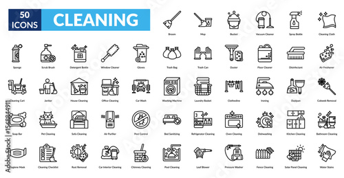 cleaning line icon set. Broom, Mop, Bucket, Vacuum Cleaner, Spray Bottle, Cleaning Cloth, Sponge