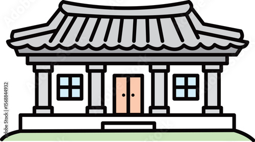 Korean Traditional Hanok Building with Curved Roof Simple Illustration