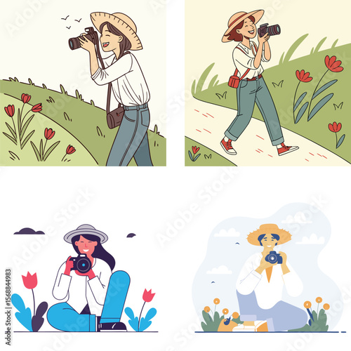 Joyful photographers capturing nature s beauty with cameras and straw hats