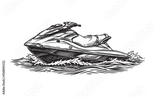 Jet Ski on Water Vector Engraving Illustration
