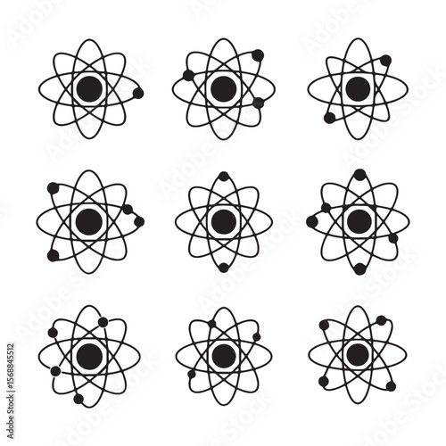 Nine Black and White Atomic Structure Diagrams Showing Electron Orbitals Around a Nucleus Variations in Electron Placement