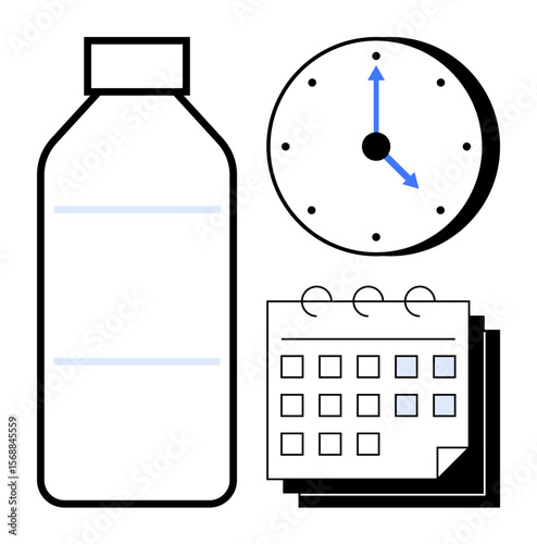 Bottle, clock showing time, and calendar symbolizing regular hydration schedule. Ideal for health, routine, hydration, discipline, lifestyle self-care wellness. Simple flat metaphor