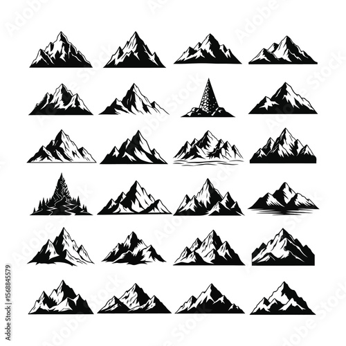 Majestic Mountain Peaks and Alpine Landscape Silhouettes Vector Set
