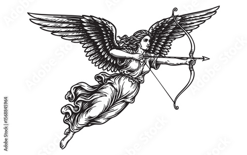 female angel figure with large wings, aiming a bow and arrow.
