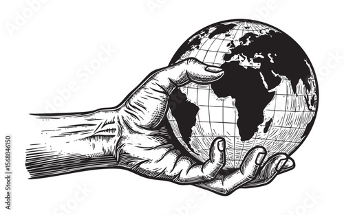 Hand Holding Earth Globe Vector Engraving Illustration