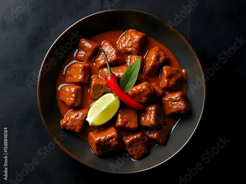 Spicy Meat with Red Sauce and Garnish on Black Plate - AI Generated