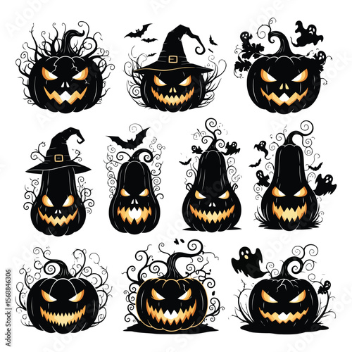 Spooky Jack-o'-Lanterns and Halloween Pumpkins Vector Set